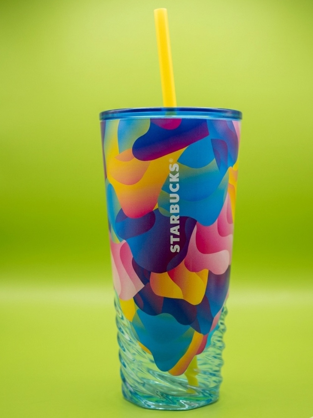 Starbucks Summer 2024 Blue Swirl Petals Glass Tumbler 18oz Lid Yellow Straw NWT